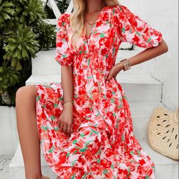 Casual Dresses Summer Floral Print Women's Elegant Long Dress V-neck Tunic High Waist A-line Boho Female Vacation Beach Sundress