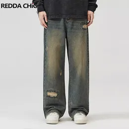 Men's Jeans REDDACHIC Irregular Ripped Holes Baggy Men Distressed Patchwork Frayed Wide Leg Casual Denim Pants Vintage Y2k Streetwear