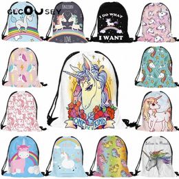 hot sale Unicorn 3D digital printing Women Drawstring pocket Backpack Female High-quality drawstring bag Cute unicorn bags i2Sw#