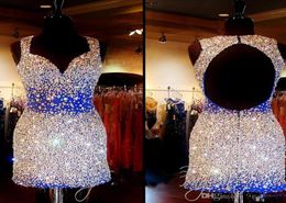 Shiny Crystal 2016 Short Prom Dresses Evening Wear 3 Colours Major Beading Backless Bling Bling Girl Prom Gowns Plus Size4321658