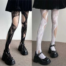 Sexy Socks Women Hollow Out Sexy Ripped Hole Tights Fishnet Pantyhose Stockings Harajuku Rose Flower Patterned Tights Mesh Leggings 240416