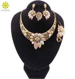 Dubai Gold Colour Jewellery Set Nigerian Wedding Woman Accessories Jewellery Set African Beads Flower Design Necklace Earrings Set9399684