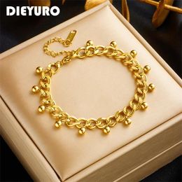 Charm Bracelets DIEYURO 316L Stainless Steel Gold Colour Round Beads Bracelet For Women Girl Trend Thick Chain Non-fading Jewellery Gift