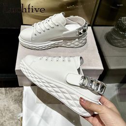 Casual Shoes High Quality Real Leather White Flat Platform Women Round Toe Rhinestone Sneakers Outside Walking