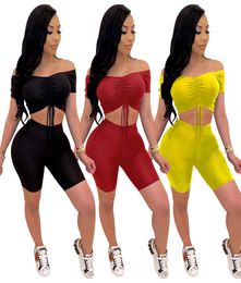 Sexy Draw string Cropped Top and Shorts Two Pieces Nightclub Suits Slash Neck Short Sleeves Top Stretchy Casual Home Outfits 2020 5533865