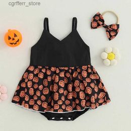 Rompers Halloween 0-2Y Infant Baby Girls Romper Dress Pumpkin Pattern Sleeveless V-Neck Jumpsuit + Bow Headband L410