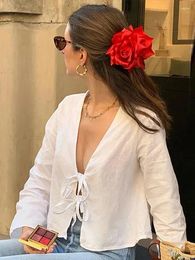 Women's Blouses Cotton Linen Hollow Out Lace Up Shirts Women 2024 Vacation Beach V-neck Long Sleeve Female Solid Casual Lady Tops Blouse