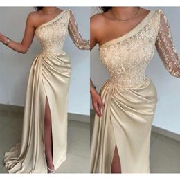 Split Evening Champgne Sexy One Shoulder Beads Appliques Mermaid Prom Dresses Women Ocn Party Celebrity Gowns Bc