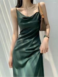 Casual Dresses Summer Elegant Satin Midi Dress Spaghetti Strap Asymmetrical Collar French Slim Evening Party Prom Robe Vestido