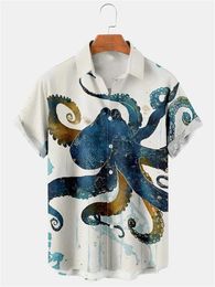 Men's Casual Shirts New Hawaiian Mens Octopus Creative Print Short Sleeve Cuban Tops Beach Summer Vacaton Funny 3D Men Clothes 240416