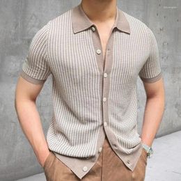 Men's Polos Leisure Knitting Mens Shirt Short Sleeve Button Turn-down Collar Houndstooth Knit Tops Beach Men Summer Casual Solid Colour