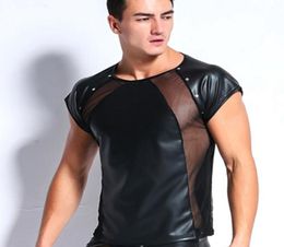 T shirts Men Sexy Mesh Rivet faux leather Vest Lingerie Club Wear Costume Gay Underwear Black Wet Look Fetish Dance Tops Tee1454412