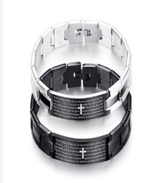 Titanium Steel Black Cross Bracelet English Bible Lord039s Prayer Charms Cuff Inlaid Magnet Bracelet For Men Couples Gift Jewel3120389