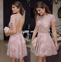 Elegant Beads Homecoming Dresses Illusion Lace Hollow Back Litter Black Dress Arabic Short Prom Dress Cocktail Party Club Wear Gra8531540