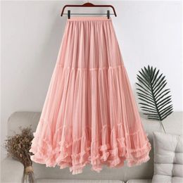 Skirts Pink Wooden Ear Tulle Fairy Skirt Spring Summer Korean Fashion Sweet Pleated High Waist A-Line Swing Mesh Puffy