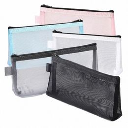 Grey Black Makeup Case Large Capacity Mesh Transparent Cosmetic Brush Bags Students Solid Colour Zipper Nyl Pencil Case u8qf#
