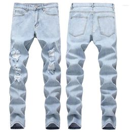 Men's Jeans Ripped Knee Worn Out Small Straight Leg Slim European Stretch Pants