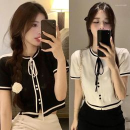 Women's T Shirts Korean Version Round Neck Short Sleeved T-shirt With Bow Tie Single Breasted Knit Top Shirt Casual