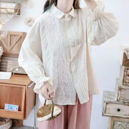 Women's Blouses 130cm Bust Spring Autumn Women All-match Japanese Style Loose Plus Size Embroidered Lace Comfortable Cotton Shirts/Blouses