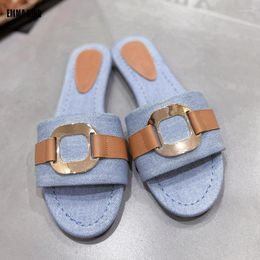 Casual Shoes 2024 Summer Women Slippers Peep Toe Flat Heels Metal Decor Designer Ladies Mules Brand Runway Slides Sandalias Mujer