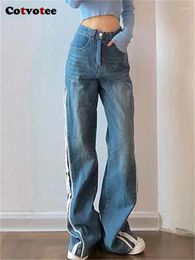 Women's Jeans Cotvotee Blue For Women 2024 Fashion Vintage Zippers High Waisted Streetwear Flare Full Length Y2k Pants