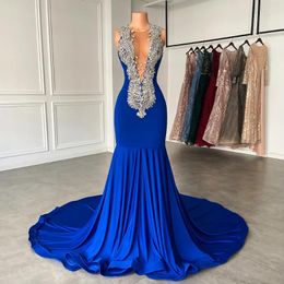 Party Dresses Long Luxury Prom 2024 Sheer O-neck Sparkly Silver Diamond Royal Blue Spandex Black Girl Mermaid Formal Gowns