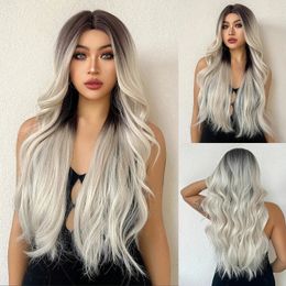 Synthetic Ombre Brown Blonde Long Wavy Wig Natural Wave Wigs for Black Women Middle Part Hair Cosplay Party Daily Heat Resistant 240416