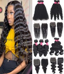 Brazilian Remy Hair Wefts Loose Deep Wave Bundles With Lace Closure Unprocessed Malaysian Peruvian Indian Virgin Human Hair Extens2073695