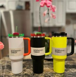 With LOGO Electric Black 40oz Tumbler Yellow Orange Neon Green QUENCHER H2.0 Stainless Steel Cups with Silicone Handle Lid Straw Winter Pink Car Mugs U0416