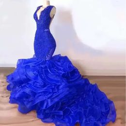 Organza Rüschen Rock gegen Hals Royal Blue Prom Kleider Mermaid Prom Aso Ebi Afrikanische Abendkleider Partykleider Robe de BES121