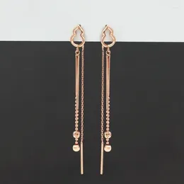 Dangle Earrings Pure 18K Rose Gold Lucky Women Gourd Beaded O Link Snake Chain Tassel AU750