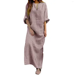 Casual Dresses Loose Summer Striped Pattern Robe Women Half Sleeve Oversized Cotton Linen Long Female Beach Cover Ups Dress