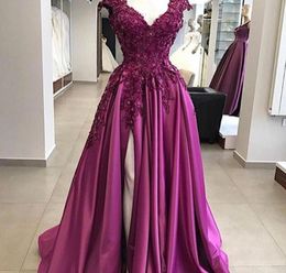 Dark Purple Appliques Prom Dresses V Neck Side Split A Line Sleeveless Floor Length Formal Evening Occasion Gown Custom Made S8143922