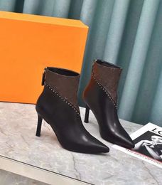 Women Signature Ankle Boots Sharp Mid-heel Boot Pointed Toe Martin Booties Black Leather Back Zipper #01