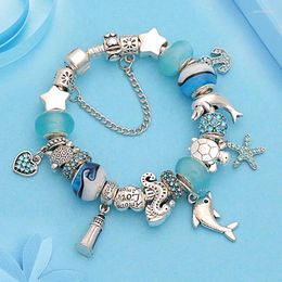 Charm Bracelets Classic Design Dolphin & Bangles For Women Jewellery Gift Blue Murano Crystal Glass Diy Bead