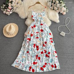 Casual Dresses Summer Fashion Flower Print Holiday Beach Long Dress Chic Women Spaghetti Strap Ruffles Cake Chiffon Sexy Backless Robes