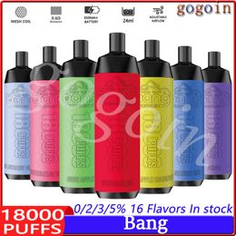 Bang 18000 Puffs Vapes Disposable Electronic Cigarettes Puff 18K 0% 2% 3% 5% 24ml Prefilled Pod 0.6ohm Mesh Coil 650mah Rechargeable Airflow Adjustable Pen Device