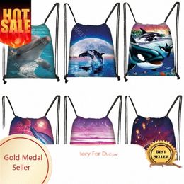 dolphins Print Drawstring Bag Fi Storage Bag Teenager Boys Girls Casual Animal Backpack Travel Bags Bookbag Gift J6eY#