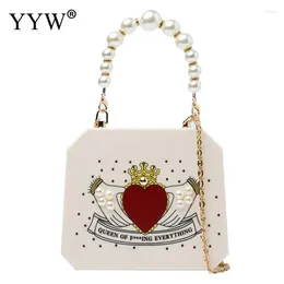 Shoulder Bags Hnadbags Bolder Boxy Shaped Crossbody For Women Design Graffiti Print Female Small Clutch Top Handle Bag With Pearl Chain