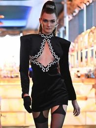 Runway Dresses Arrival Women Sexy Glitter Rhinestones Turtleneck Black Cut Out Velvet Designer Mini Dress Party NightClub Stage Outfit