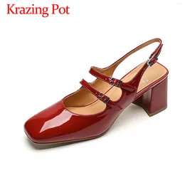 Dress Shoes Krazing Pot Cow Leather Chunky Heels Summer Square Toe Mary Janes Daily Wear Slingback Wedding Princess Style Fairy Women Pumps