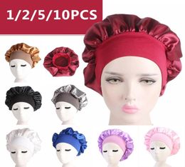 20PCS 58cm Solid Colour Long Hair Care Women Satin Bonnet Cap Night Sleep Hat Silk Head Wrap Adjust Shower Caps4734788