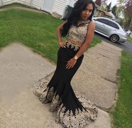 Black Girl Two Piece Prom Dresses O neck Sleeveless Satin Lace Beaded Real Sample Custom Mermaid Black African Evening Party Gowns7587113