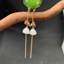 Dangle Earrings 14K Gold White Flower Jade Gem Drop Earring Chinese Vintage Tassel Hook For Women Charm Girl's Jewellery Accessories