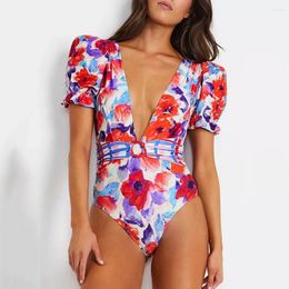 Women's Swimwear One Piece Swimsuit 2024 Sexy Print Women Puff Sleeve Bathing Suit Beachwear Bandage Monokini Swim Female