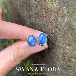 Stud Earrings 8MM Oval Natural Blue Kyanite For Women Real 925 Sterling Silver Vintage Femme Gift Prevent Allergy Fine Jewellery