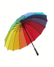 New Rainbow Umbrella Long Handle 16K Straight Windproof Colourful PongeeUmbrella Women Men Sunny Rainy8355101