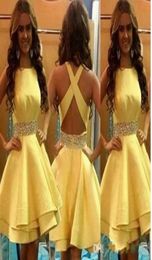 2019 Fashion simple cocktail Dress sash beading backless criss cross strip short stain Homecoming Dresses and Graduation Girls Cus5406081