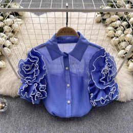 Women's Blouses Turn Down Collar Stereo Flower Unique Single-breasted High Grade Shirts Vintage French Court Style Short Sleeve Blusas