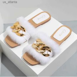 Slippers Fashion Chain Plush Furry Fluffy Woman Sandals White Flat with Outdoor Female Slides Fur Summer Beach Shoes Big Size 37-42 H240416